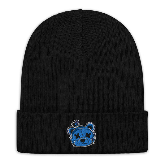 Embroidered Ribbed Knit Beanie (Blue)