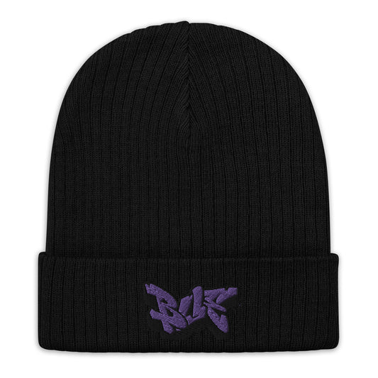 Embroidered Ribbed Knit Beanie (Purple Text)