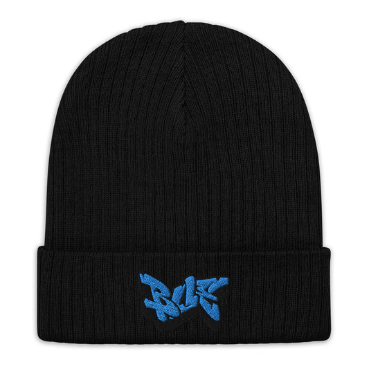 Embroidered Ribbed Knit Beanie (Blue Text)