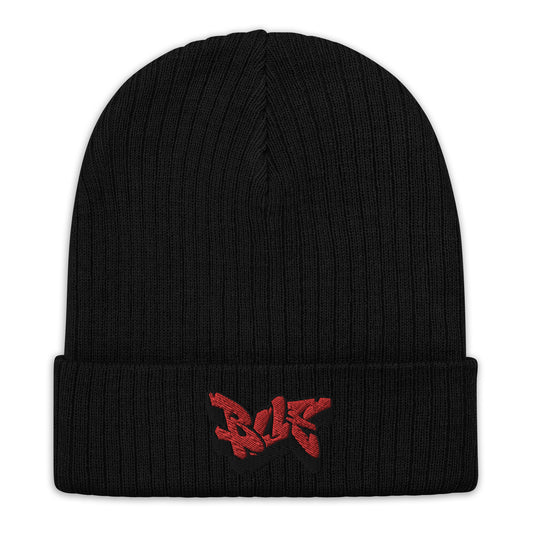 Embroidered Ribbed knit Beanie (Red Text)