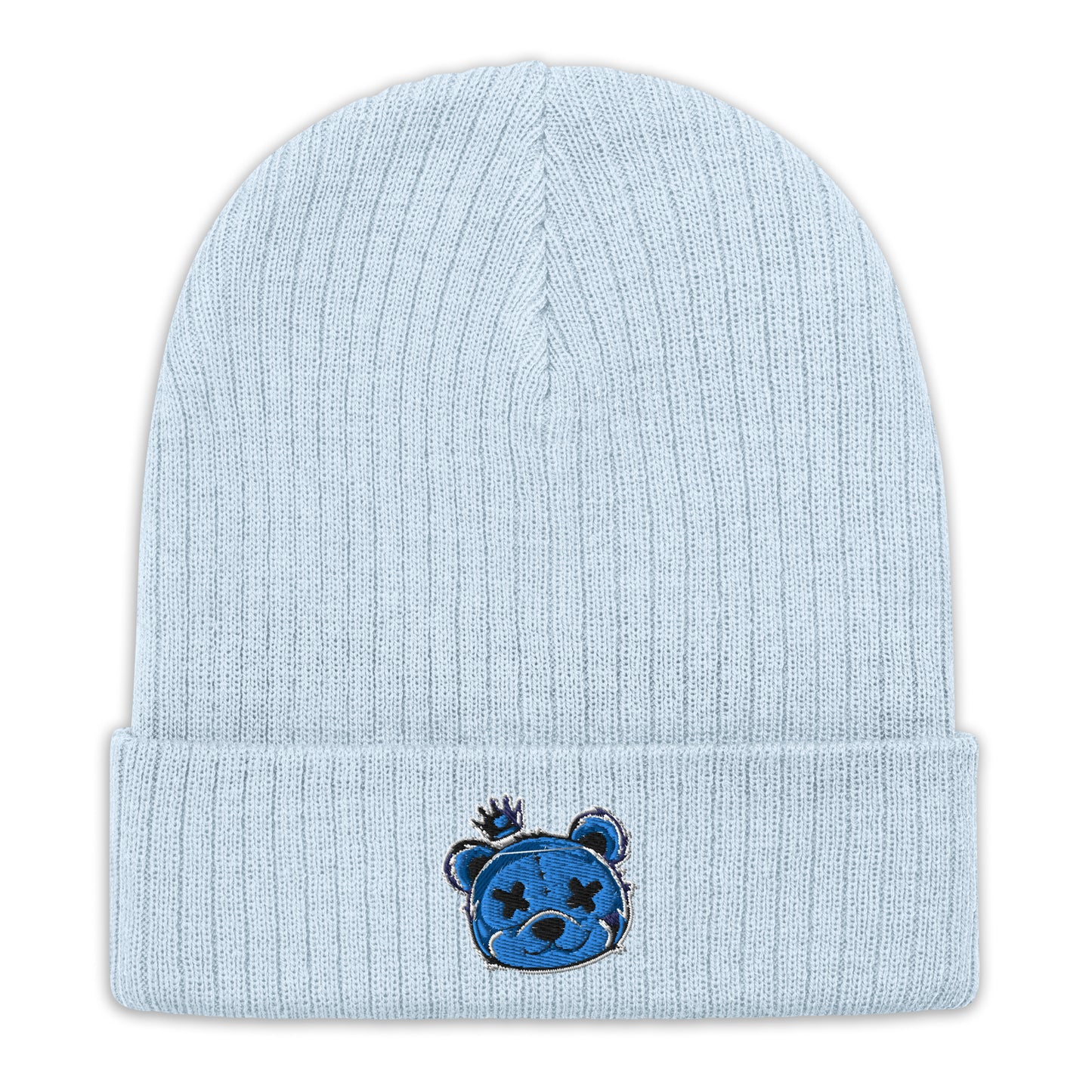 Embroidered Ribbed Knit Beanie (Blue)