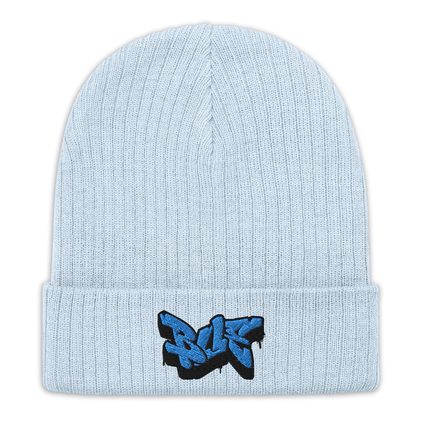 Embroidered Ribbed Knit Beanie (Blue Text)