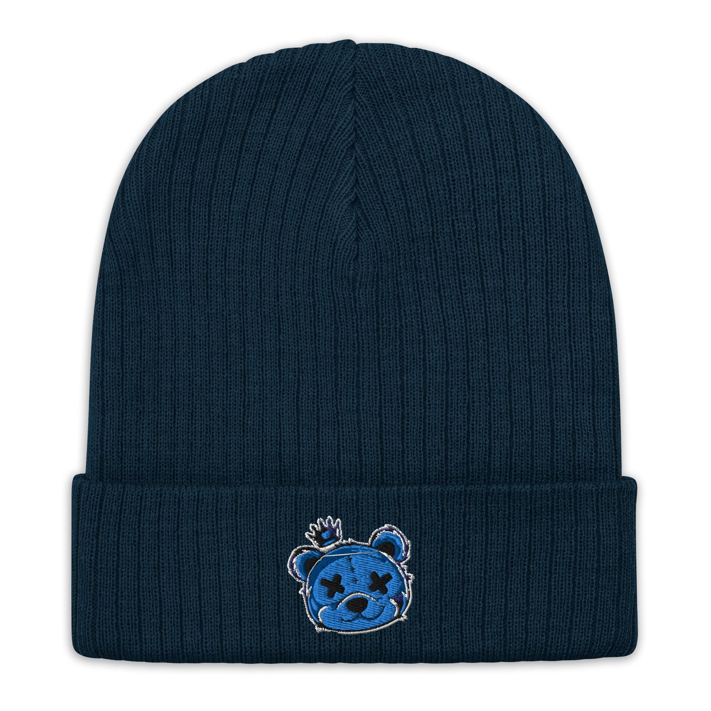 Embroidered Ribbed Knit Beanie (Blue)